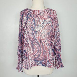 Belle & Sky Blue Red Cream Semi Sheer Pullover Top w/Shirring, L